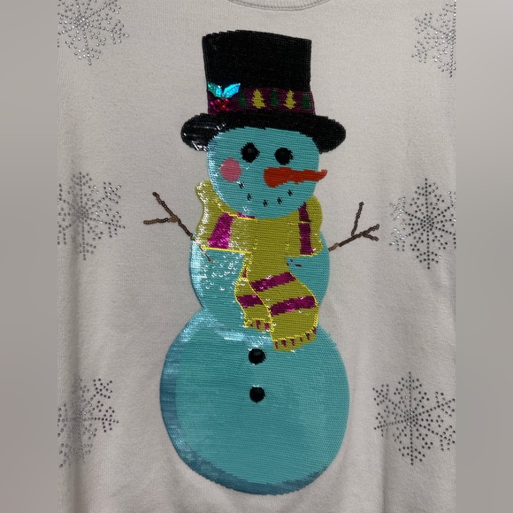 QUEEN OF SPARKLES White Sequin Snowman Crewneck with Feather Cuffs NWOT SIZE S - Picture 7 of 7